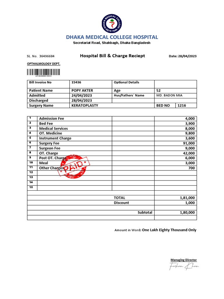 Hospital Bill for Keratoplasty Surgery | PDF