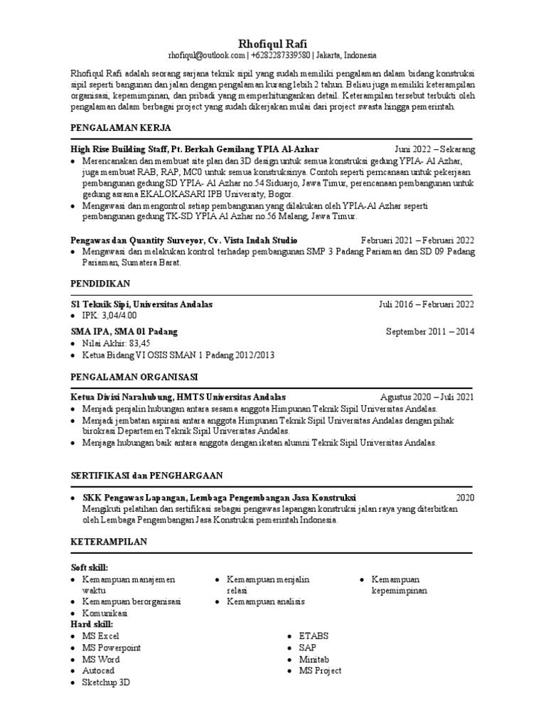 Profil Sarjana Teknik Sipil Berpengalaman | PDF | Seni