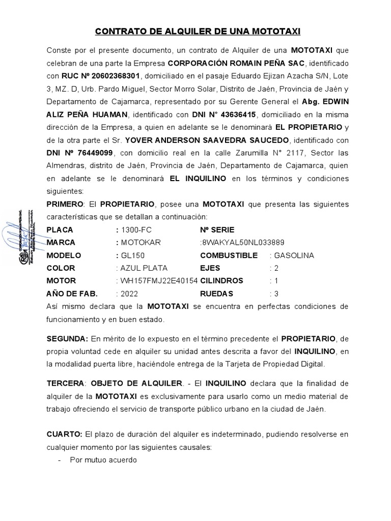 Contrato de Alquiler de Mototaxi | PDF | Vehículos | Transporte