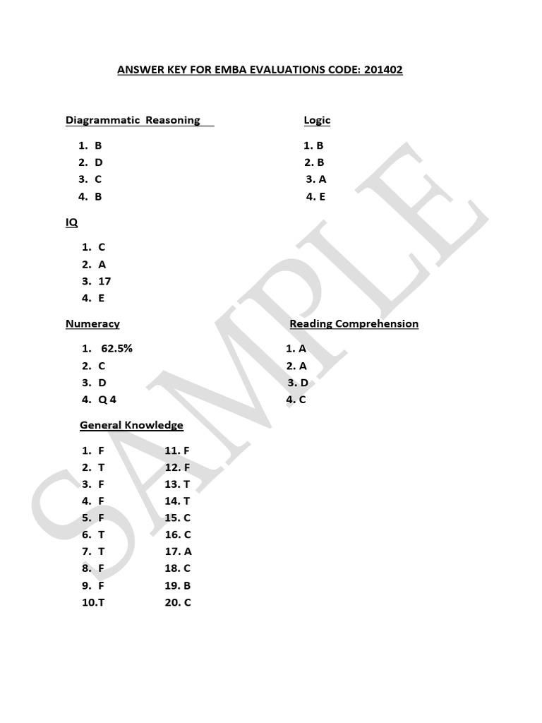EMBA Sample Paper 2Answer Key PDF