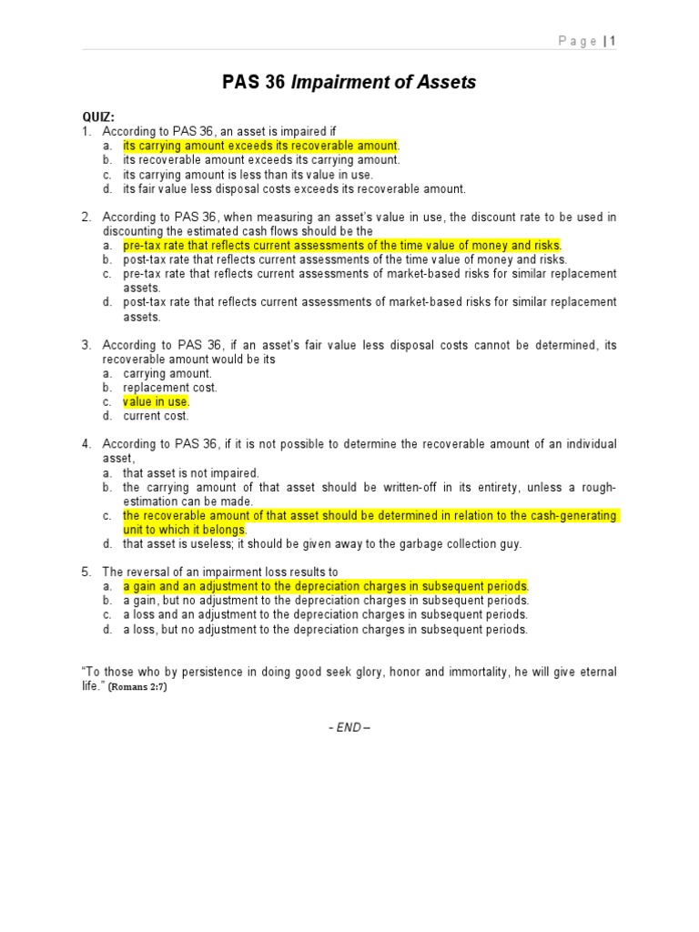 PAS 36 Impairment of Assets Quiz | PDF | Finance & Money Management