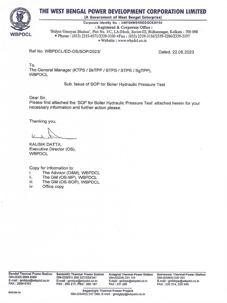 SOP of Boiler Hydraulic Test PDF