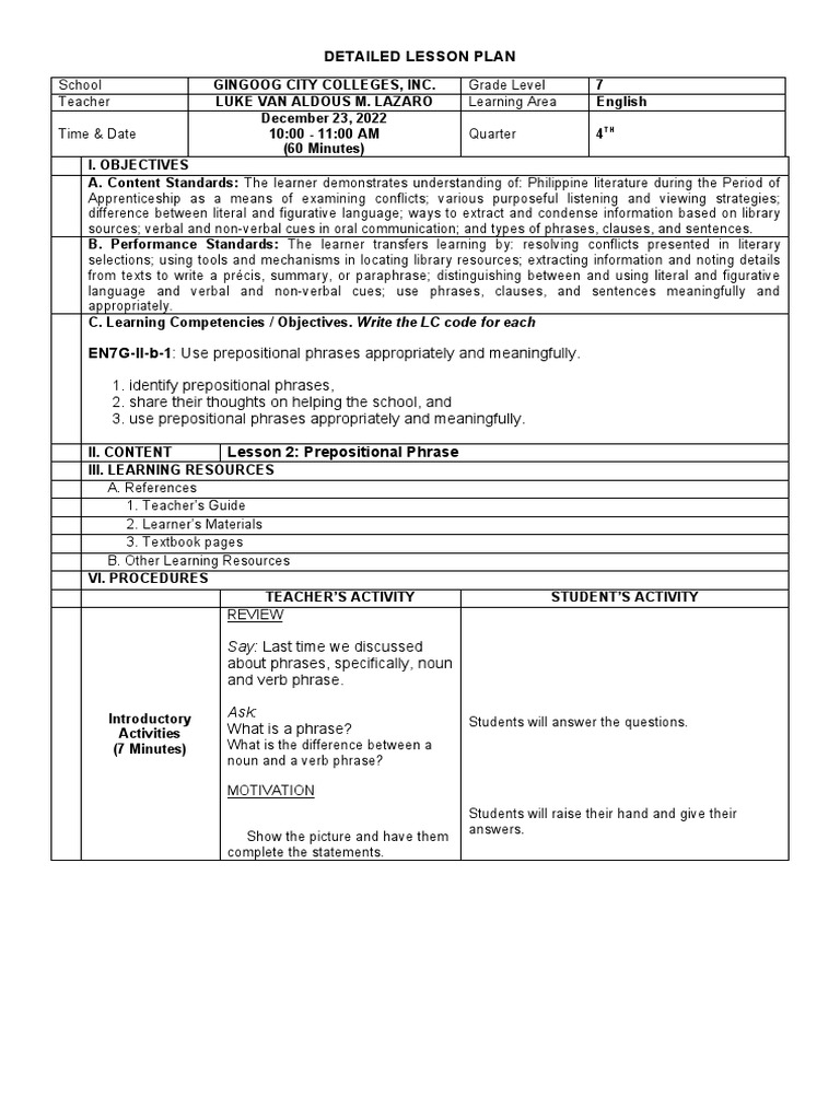 DETAILED LESSON PLAN Prep 1 PDF