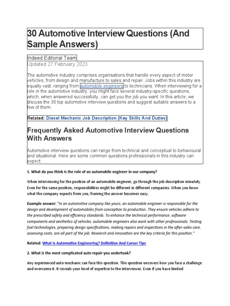 30 Automotive Interview Questions Download Free PDF Car Engines