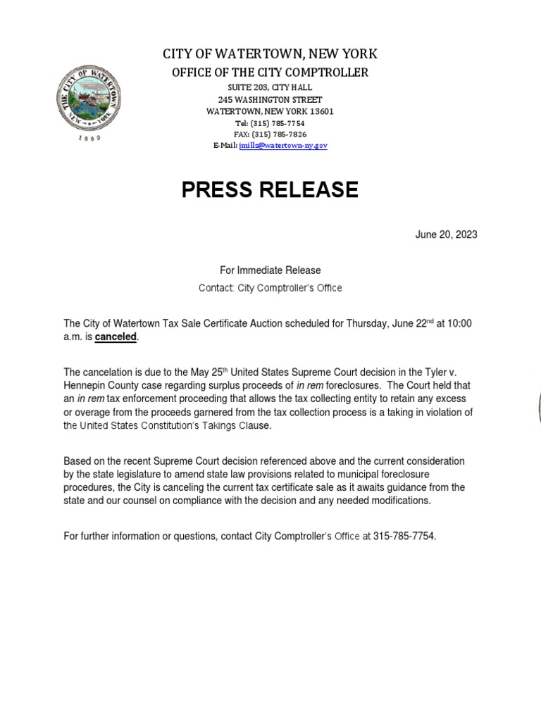 City of Watertown Tax Sale Certificate Auction Canceled | PDF