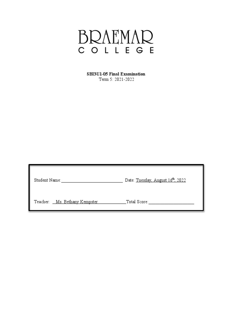 SBI3U - Final Exam Term 5 2021-2022 Teacher | PDF