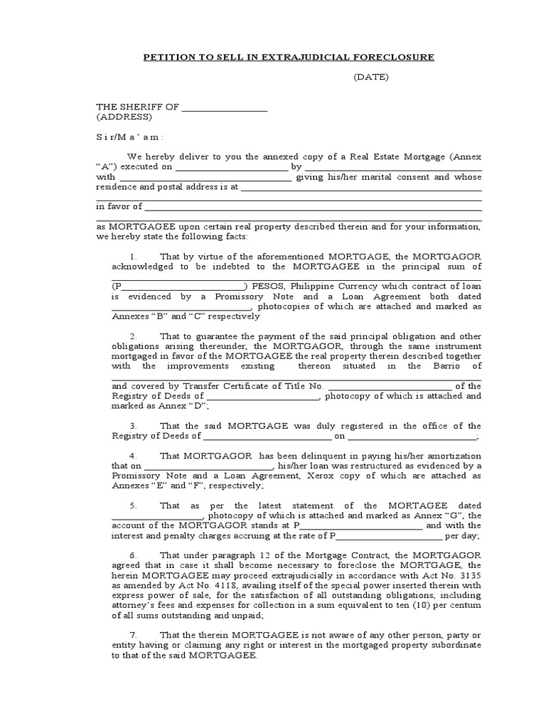 Petition for Extrajudicial Foreclosure | PDF | Mortgage Law | Foreclosure