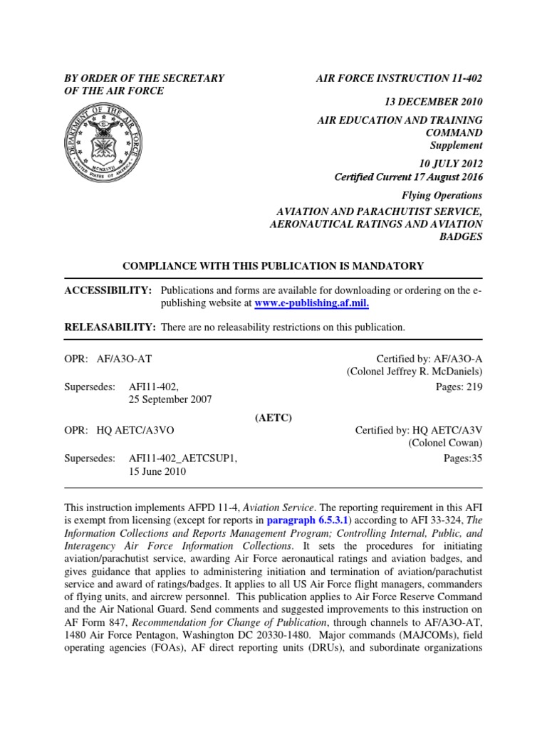 AFI 11-402: Aviation Service Guidelines | PDF | Military Aviation ...