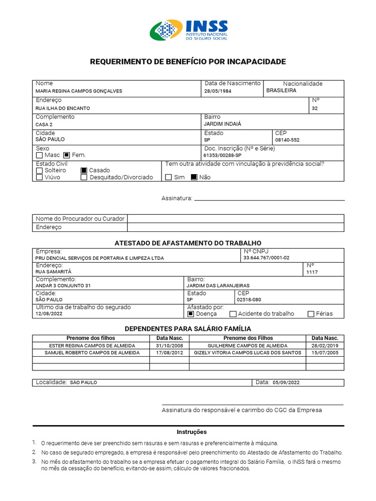 Requerimento de Beneficio Por Incapacidade Editavel | PDF | Compensação ...