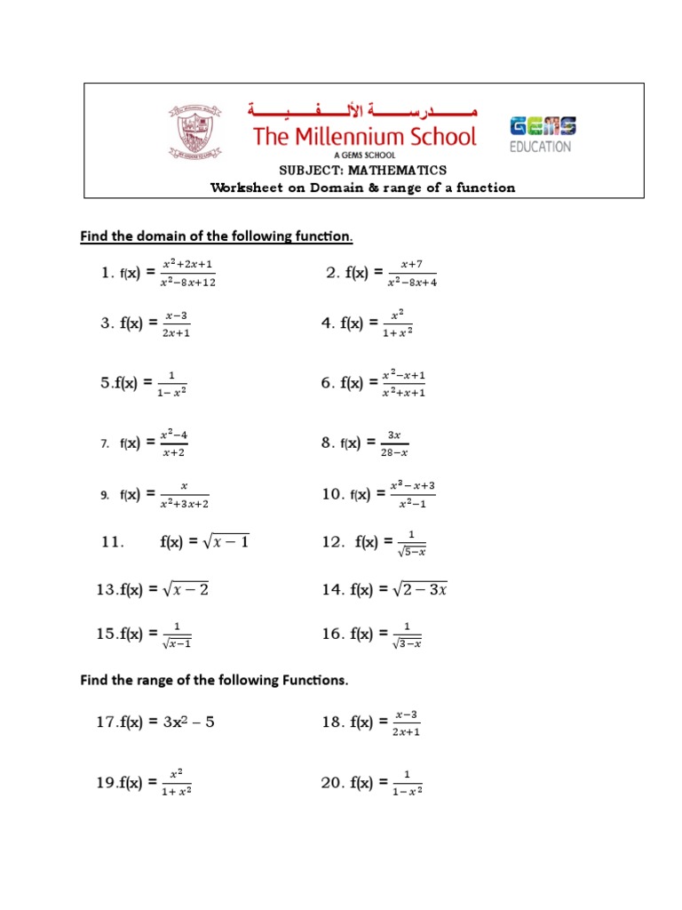 Worksheet On Domain & Range of A Function. | PDF | Mathematical ...