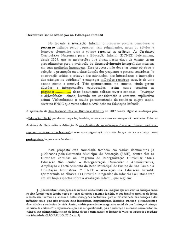 Devolutiva Sobre Avaliação Na Educação Infantil Pdf Pré Escola