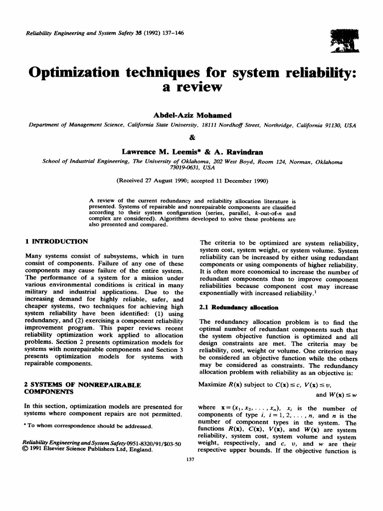 Optimization techniques for system reliability a review pdf