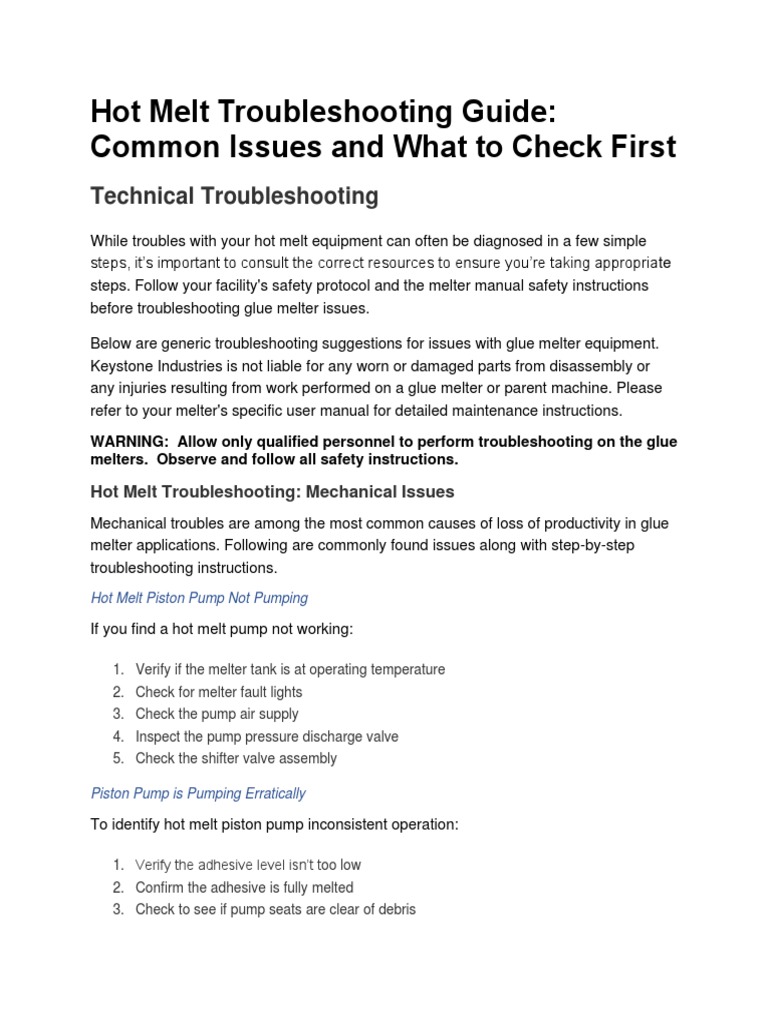 Hot Melt Equipment Troubleshooting Guide | PDF | Pump | Adhesive