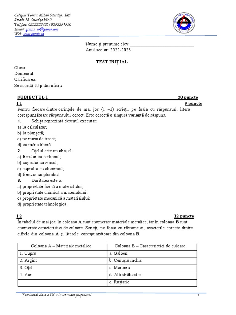 Test Initial Mecanica CL IX A - Profesională | PDF