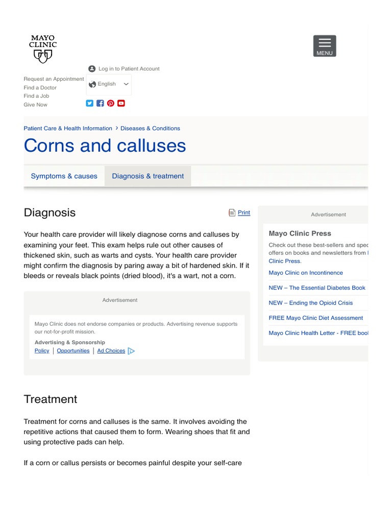 Corns and Calluses Diagnosis and Treatment Mayo Clinic PDF Medical Diagnosis Health Care