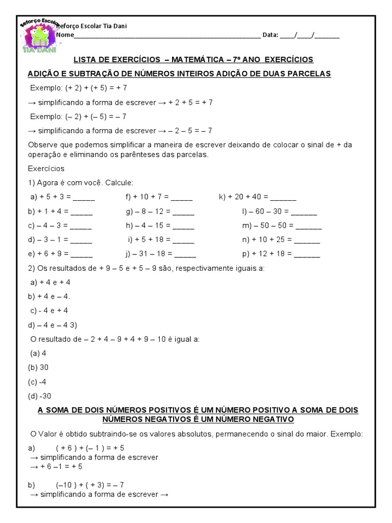 Exercícios de Adição e Subtração 7º Ano | PDF | Matemática | Aritmética