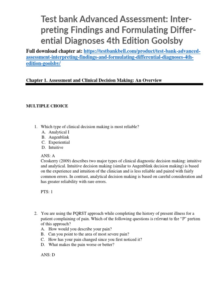 Test Bank Advanced Assessment Interpreting Findings and Formulating Differential Diagnoses 4th