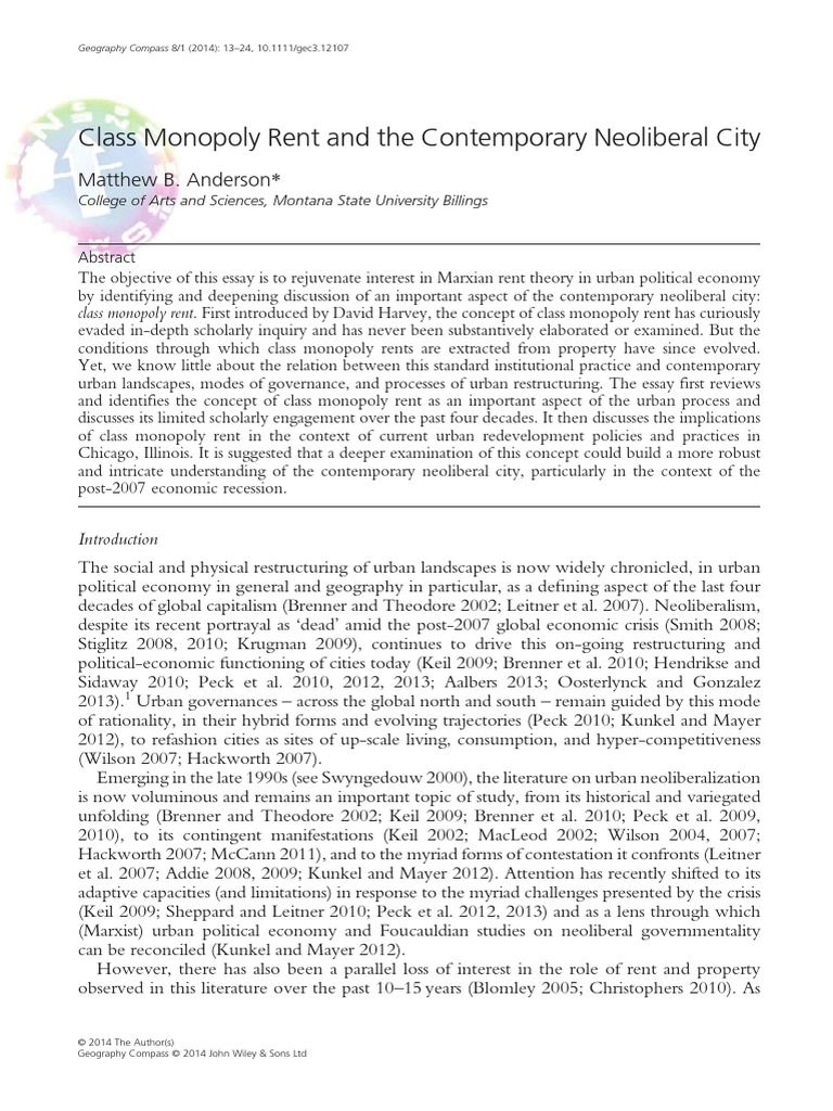 Class Monopoly Rent and The Contemporary Neoliberal City | PDF ...