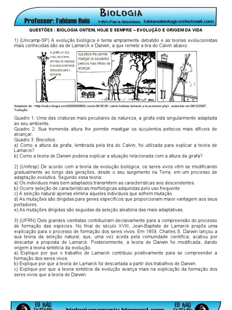 Questões sobre Evolução: Lamarck e Darwin | PDF | Seleção natural ...