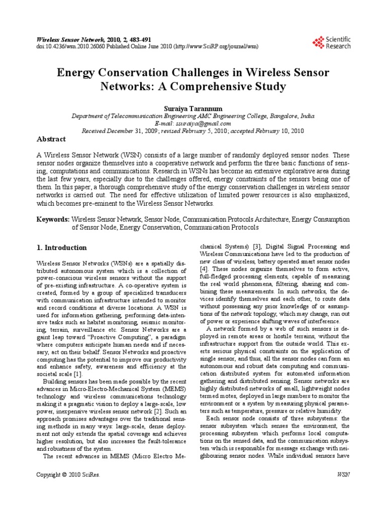 Energy Conservation Challenges in Wireless Sensor | PDF | Wireless ...