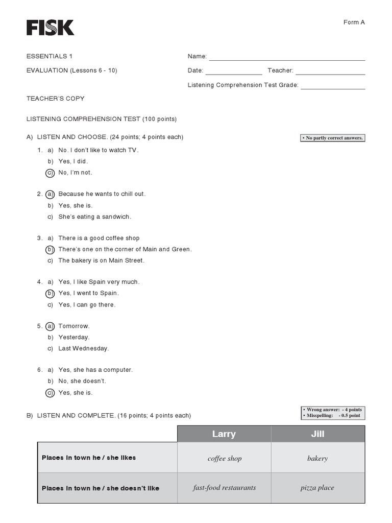 Essentials 1 listening comprehension tests lesson 6 10 form a pdf