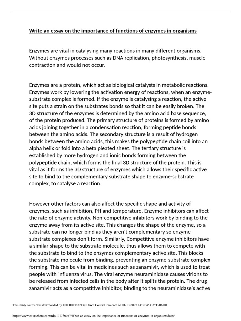 Write An Essay On The Importance of Functions of Enzymes in Organisms