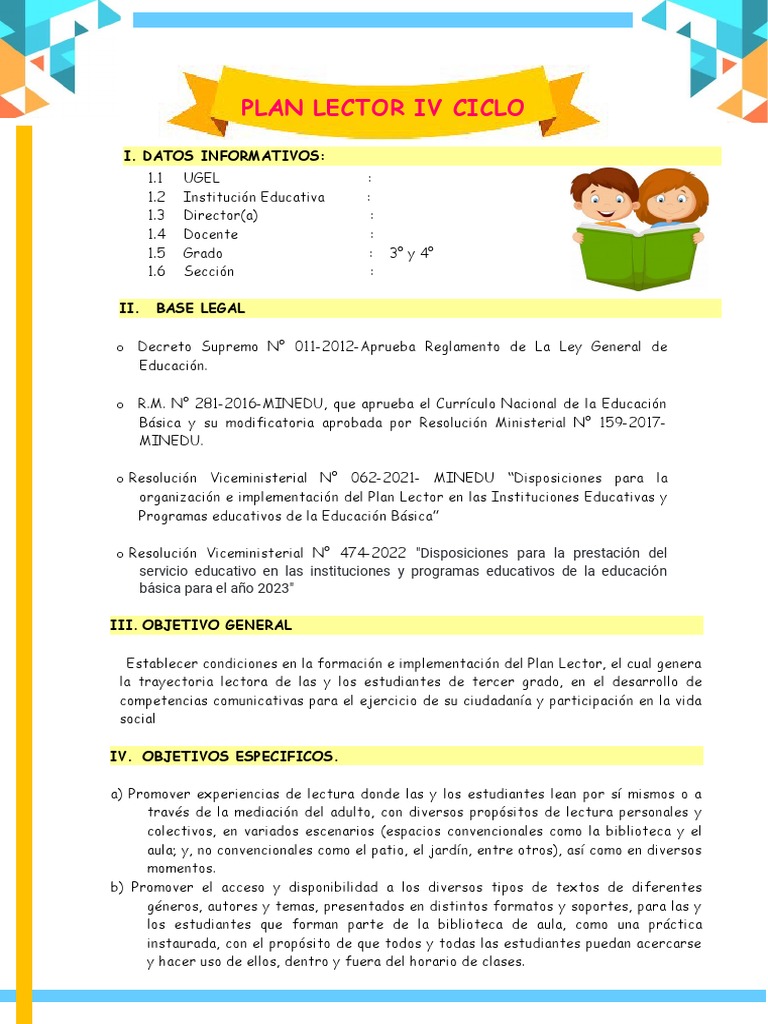 Plan Lector para Tercer y Cuarto Grado | PDF | Salón de clases ...