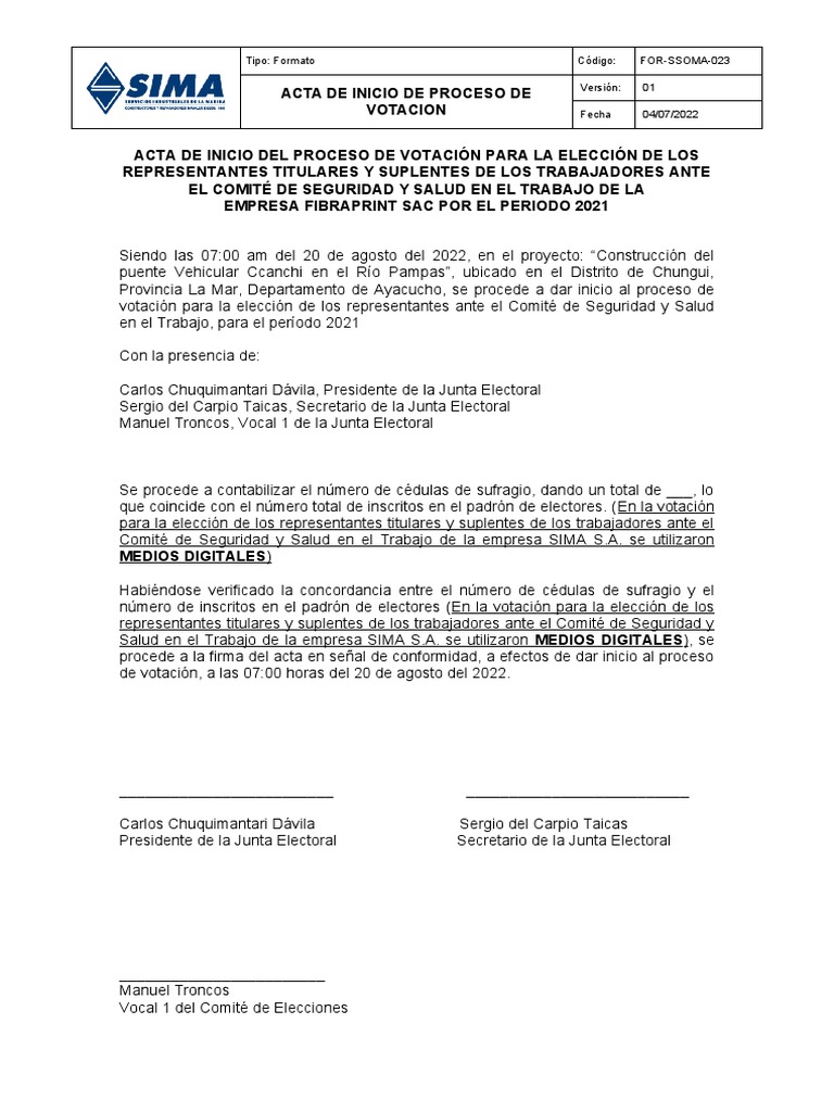 FOR-SSOMA-023 Acta de Inicio del Proceso de Votación | PDF