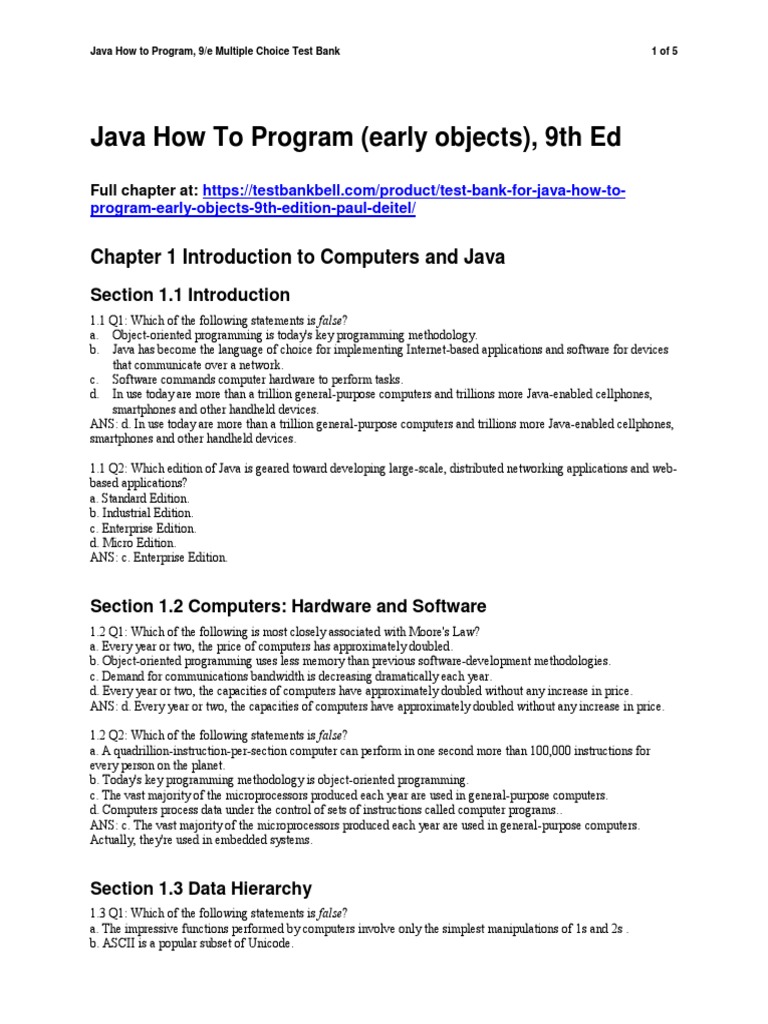Test Bank For Java How To Program Early Objects 9th Edition Paul Deitel ...