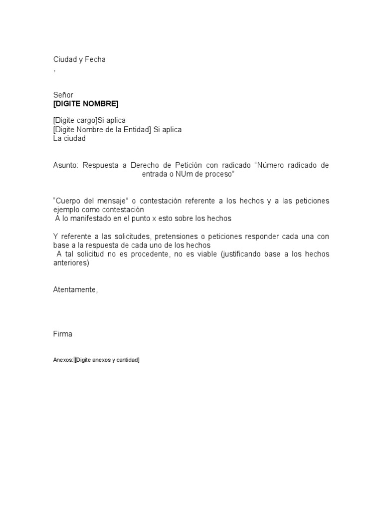 Modelo de Respuesta a Derecho de Petición | PDF