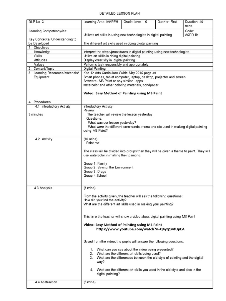 Digital Painting Lesson Plan for Grade 6 | PDF | Learning | Rubric ...