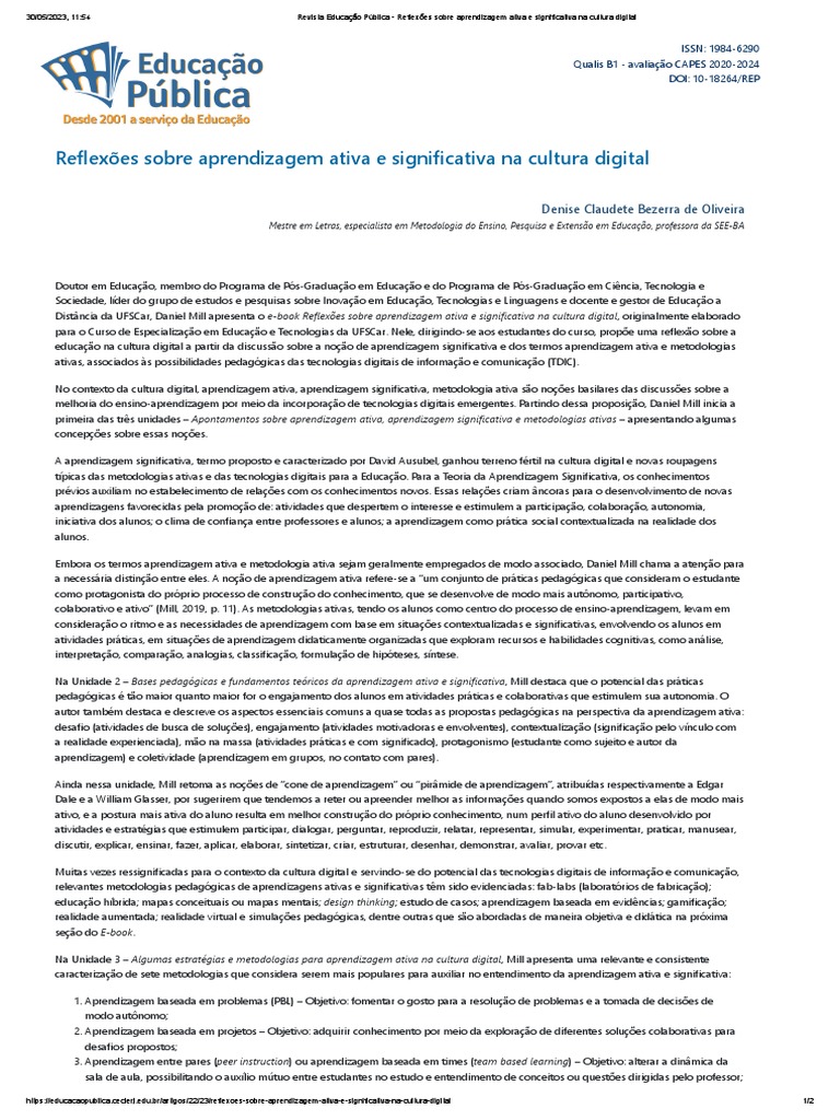 Aprendizagem Ativa na Cultura Digital | PDF | Aprendizado | Pedagogia