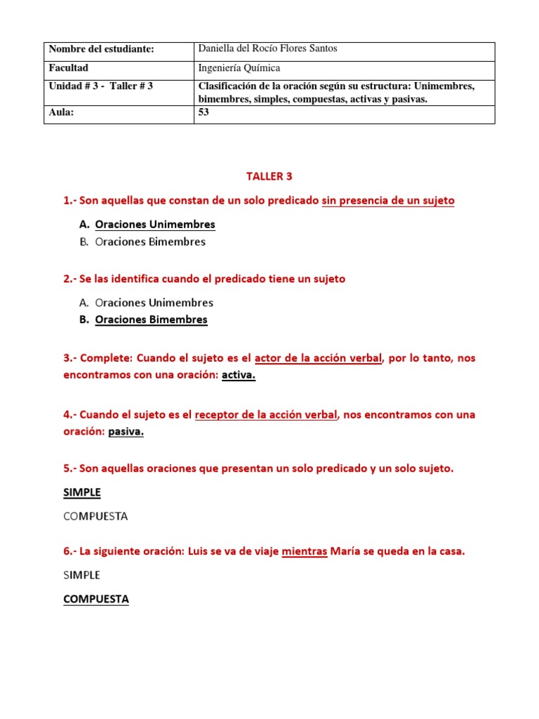 UNIDAD 3 TALLER # 3 Oracion Simples y Compuestas | PDF | Artes del ...
