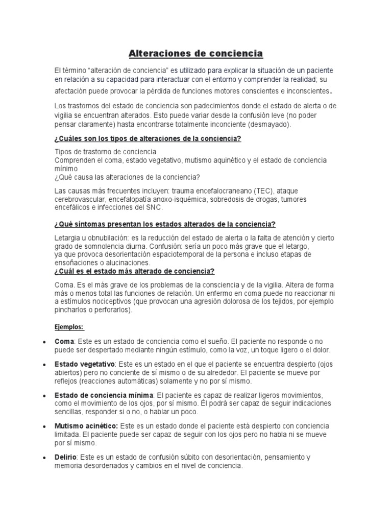 Tipos y causas de alteraciones de conciencia | PDF | Conciencia | Coma