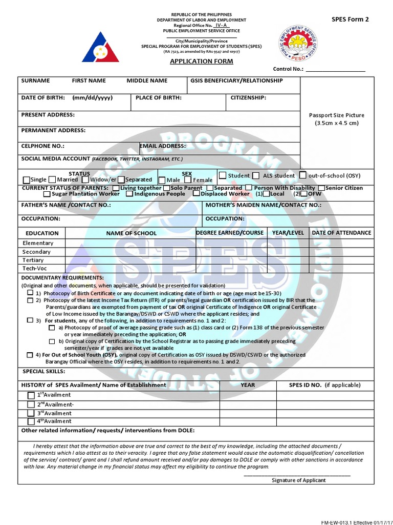 SPES Application Form for Students | PDF