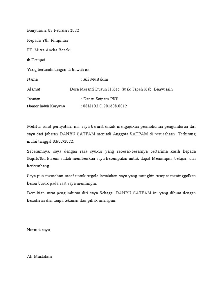 Surat Pengunduran Diri Danru Satpam | PDF | Pengelolaan Keuangan & Uang