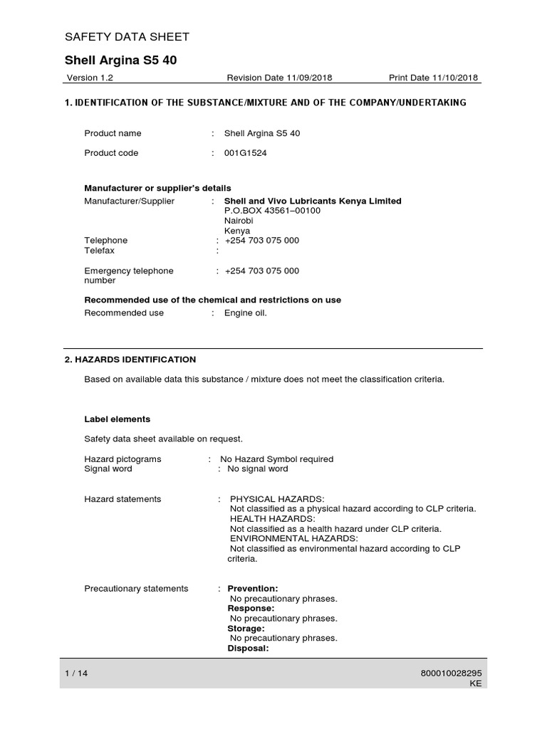 Shell Argin S5 40 - MSDS | PDF | Personal Protective Equipment ...