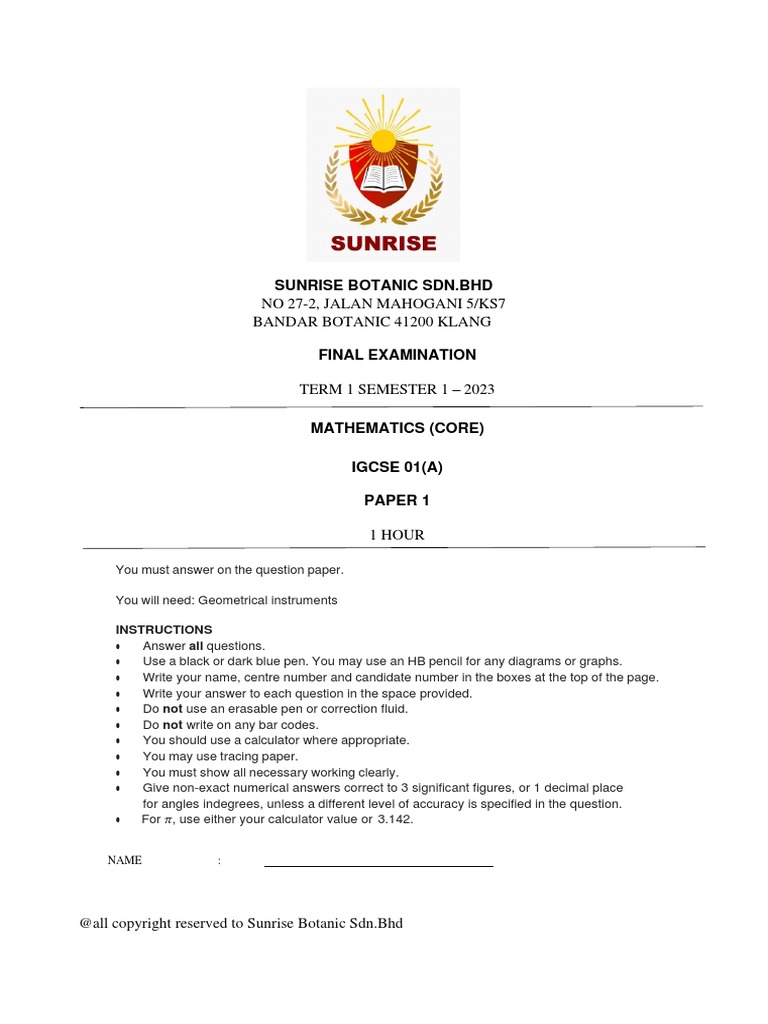 IG 1 (A) Math (Core) S1T1 2023 - P1 | PDF | Area | Geometry