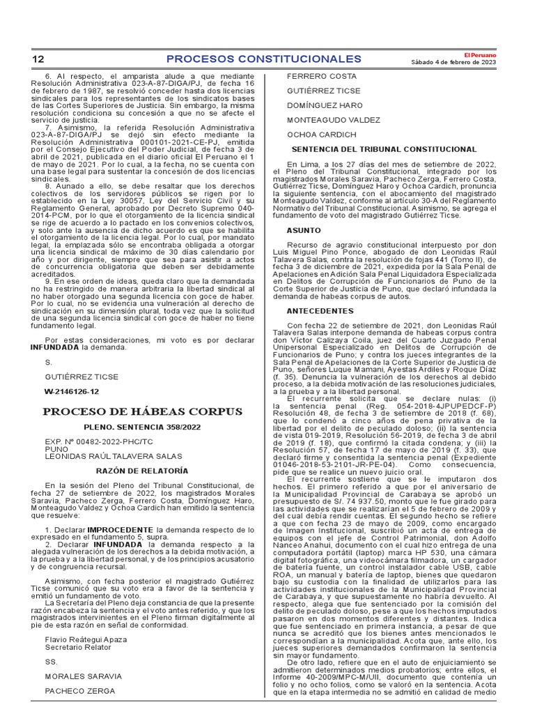 STC #358/2022 Expediente #00482-2022-PHC/TC, Puno | PDF | Sentencia