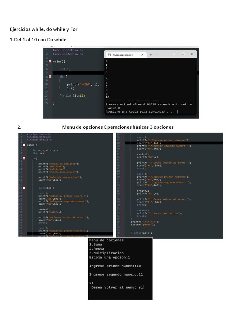 2 Ejercicios while do while y for | PDF