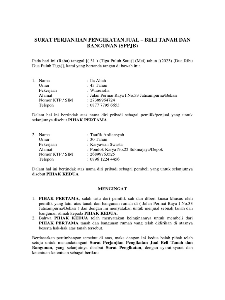 Surat Perjanjian Jual Beli Tanah Bekasi | PDF