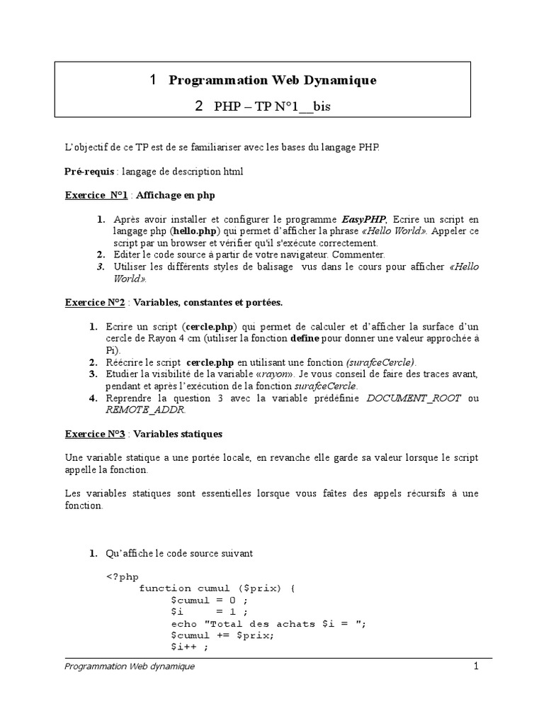 Initiation au PHP : Exercices pratiques | PDF | PHP | Programmation web