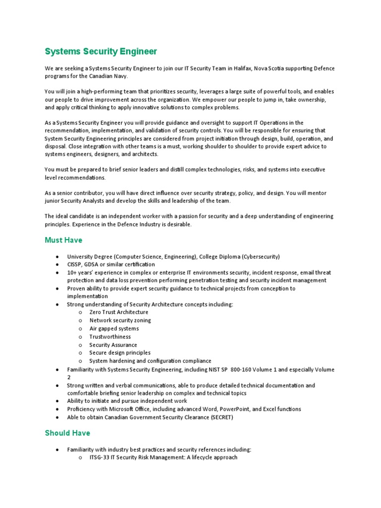 Systems Security Engineer Job in Halifax | PDF | Computer Security ...