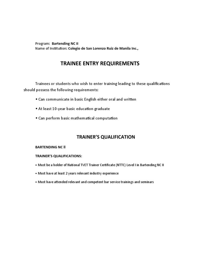 Entry Requirements For Traine Bartending PDF