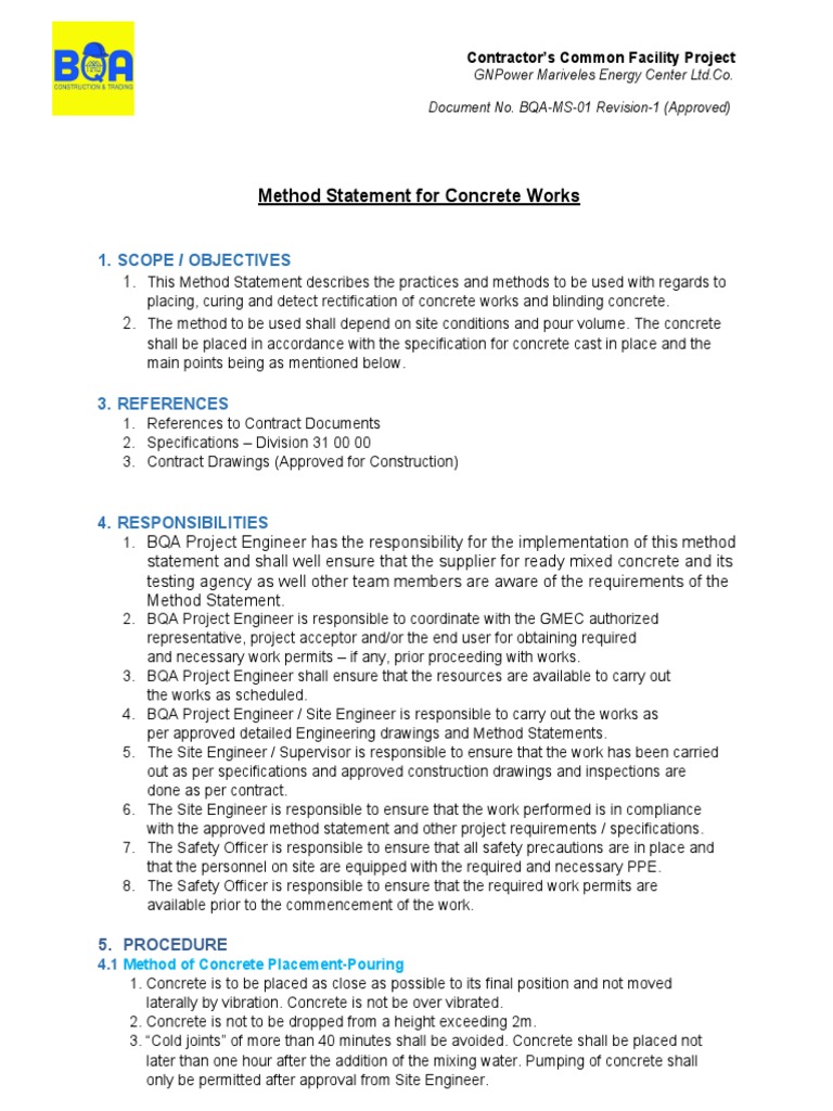 Method statement for concrete works pdf concrete specification