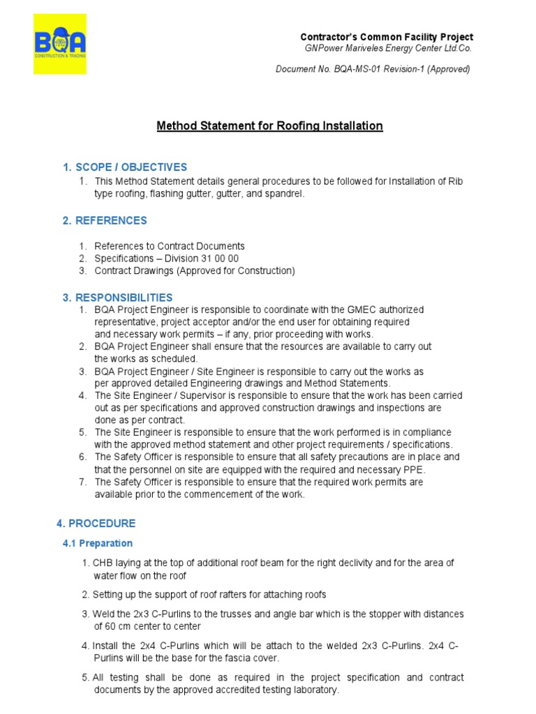 Roofing Installation Method Statement | PDF | Occupational Safety And