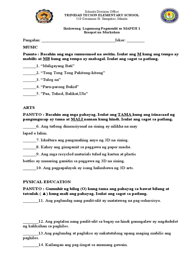 2nd SUMMATIVE TEST MAPEH 4th QUARTER | PDF