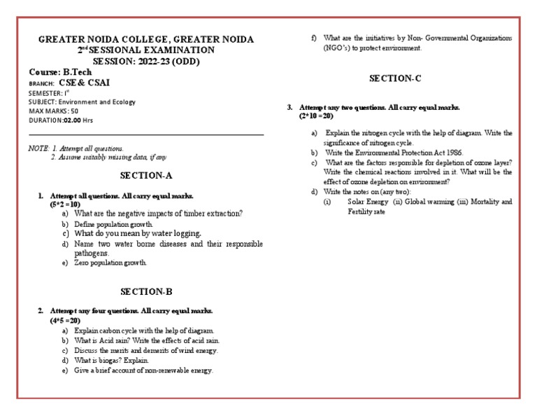 2nd Sessional B.Tech - EVS | PDF | Ozone | Environmental Science