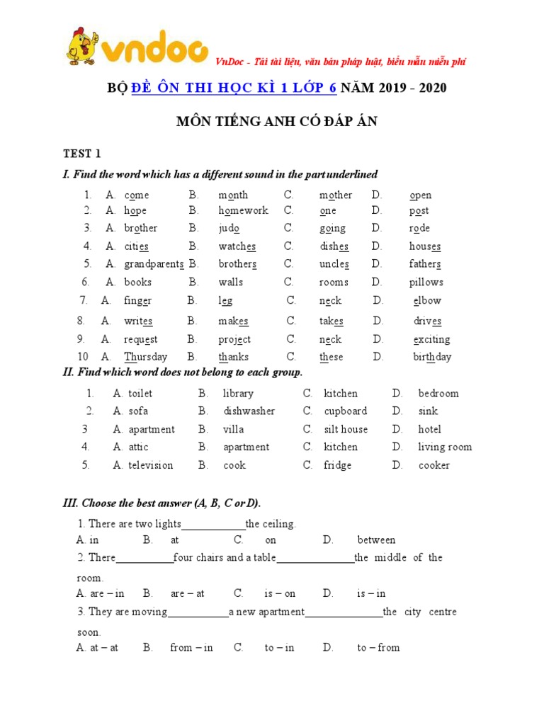 Bo de On Thi Hoc Ki 1 Mon Tieng Anh Lop 6 | PDF