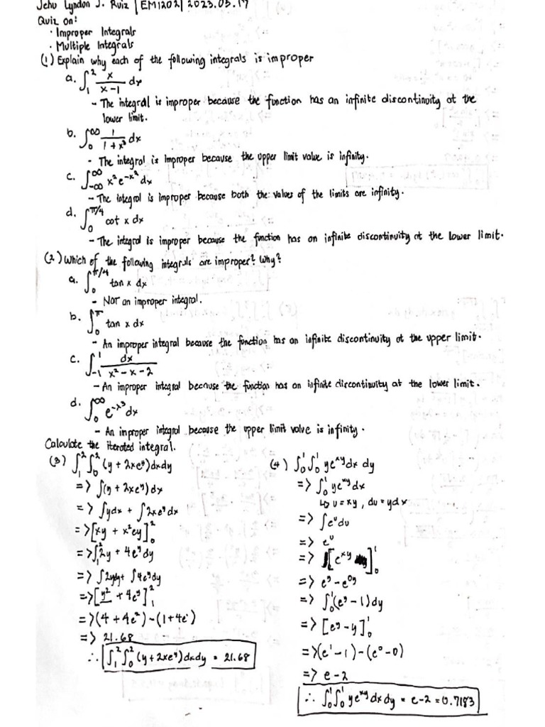 EM 1202 Quiz On Improper Integrals and Multiple Integrals by Jehu Ruiz ...